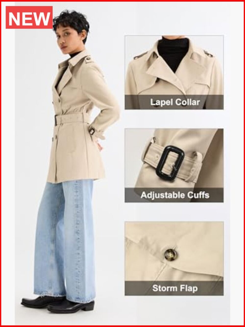 Double Breasted Trench Coat Windbreaker Jacket with Belt - Picture 6 of 7